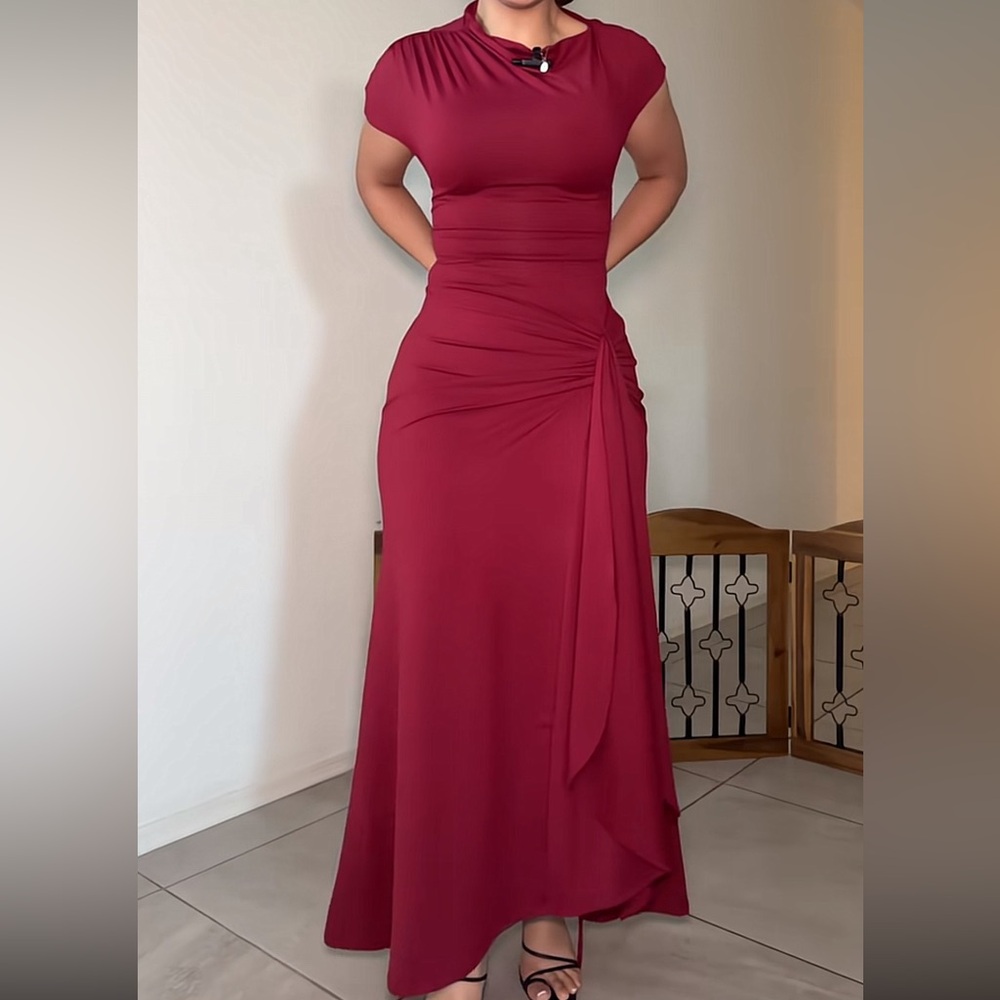 Elegant wine Ruched Waist Maxi Dress